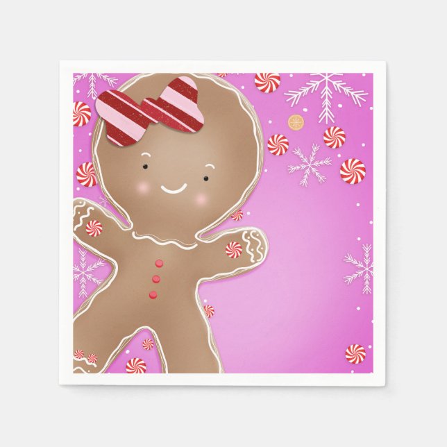 Pink Peppermint Gingerbread Cookie Holiday Party Napkin (Front)