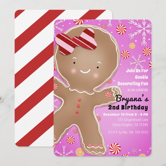 Pink Peppermint Gingerbread Man Holiday Birthday Invitation (Front/Back)