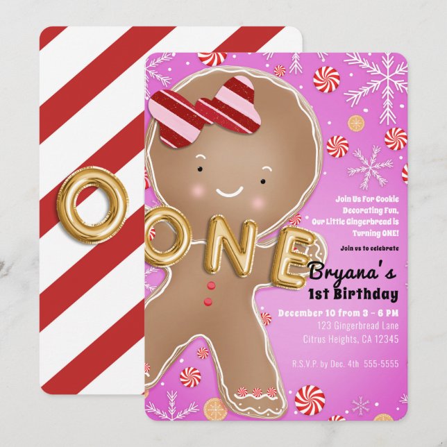 Pink Peppermint Gingerbread Man ONE 1st Birthday Invitation (Front/Back)