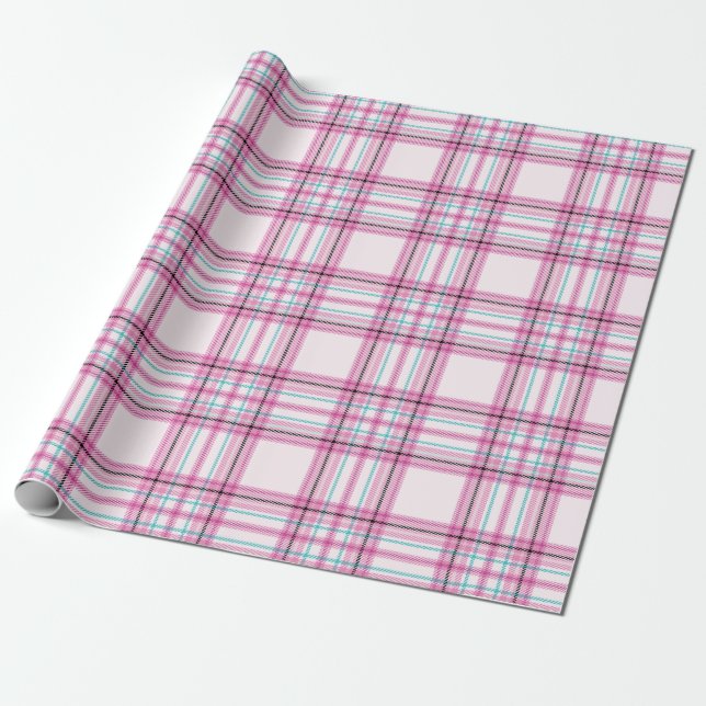 Pink Peppermint Plaid Wrapping Paper Roll (Unrolled)