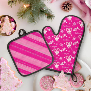 Pink Peppermint Snowflakes Candy Cane Stripe Name Oven Mitt & Pot Holder Set