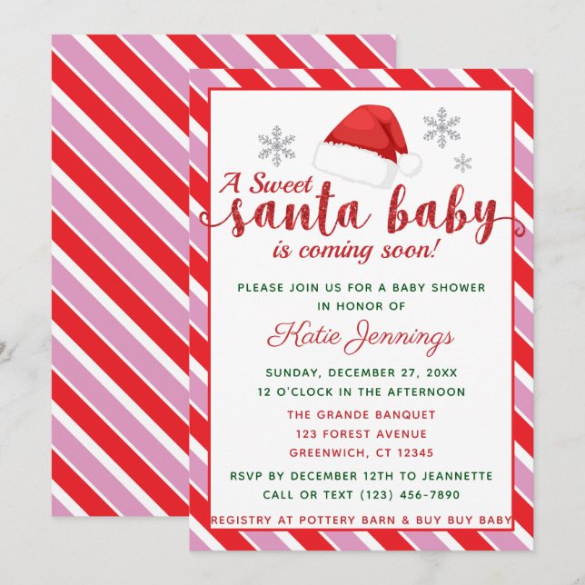 Pink Peppermint Stripe Santa Baby Shower Invitation (Front/Back)