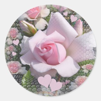 Pink Perfection, Pretty pink Rose and Hearts Classic Round Sticker