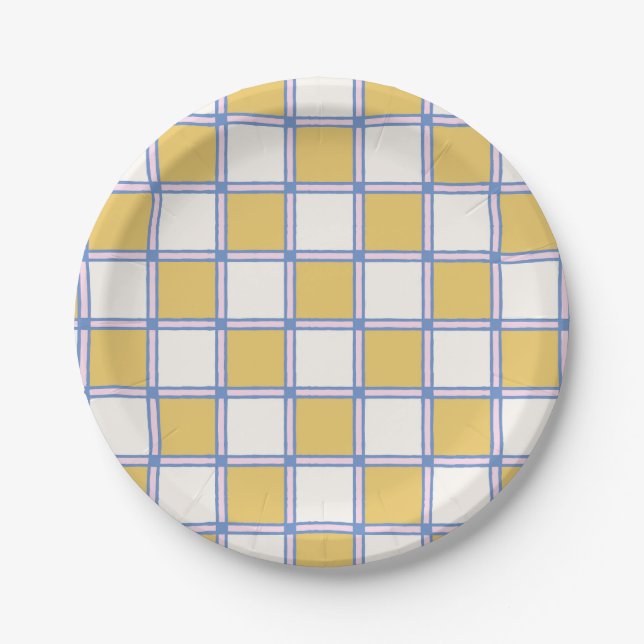 Pink, Periwinkle, and Golden Yellow Checkers Paper Plate (Front)