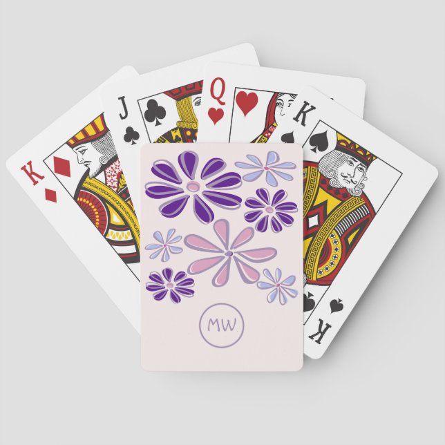 Pink Periwinkle Indigo Flower Doodle Your Initials Playing Cards (Back)