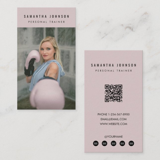 Pink Personal Girl Trainer Fitness Photo QR Code  Business Card (Front/Back)