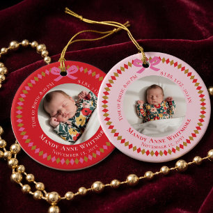 Pink Personalised Baby Birth Stat Keepsake Photo Ceramic Tree Decoration