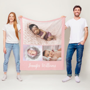 Pink Personalised Baby Girl Name & 3 Photo collage Fleece Blanket