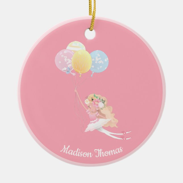  Pink Personalised Ballet Girl Balloons Ceramic Tree Decoration (Front)