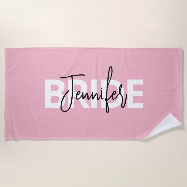 Pink Personalised Bride Typography Beach Towel (Front)