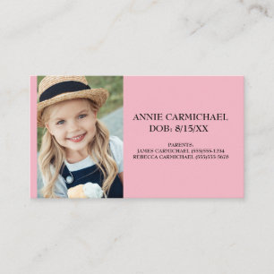 Pink Personalised Child Food Allergy Alert Business Card
