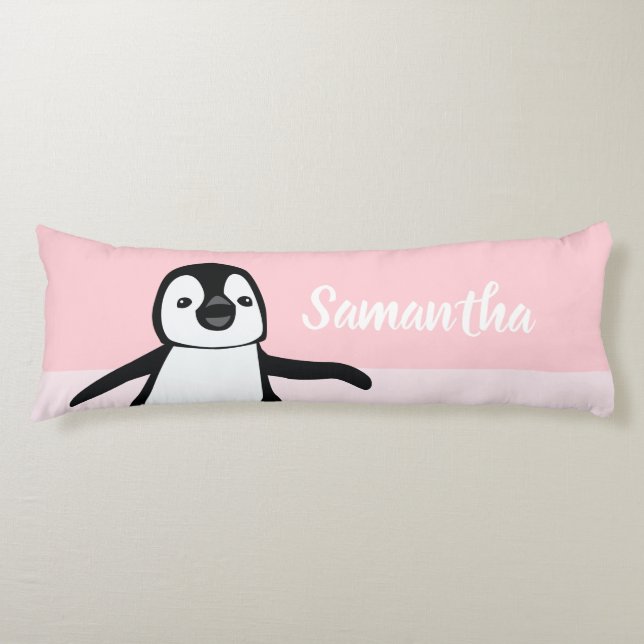 Pink Personalised Cute Penguin Illustration Body Cushion (Front)