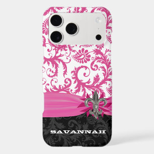 Pink Personalised Faux Fleur de lis Damask iPhone