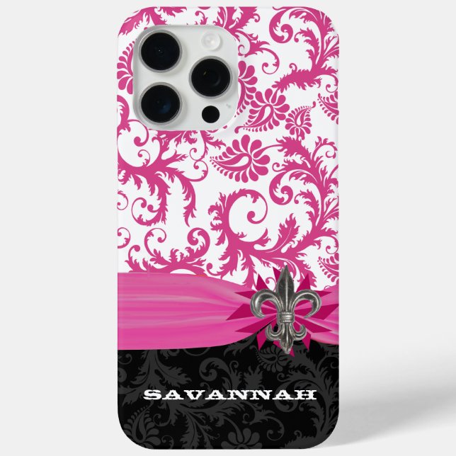 Pink Personalised Faux Fleur de lis Damask iPhone Case-Mate iPhone Case (Back)
