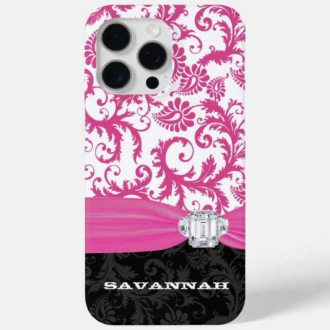 Pink Personalised Faux Rhinestone Damask iPhone Case-Mate iPhone Case (Back)