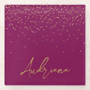 Pink Personalised Gold Name Glitter Sparkle Dots Glass Coaster