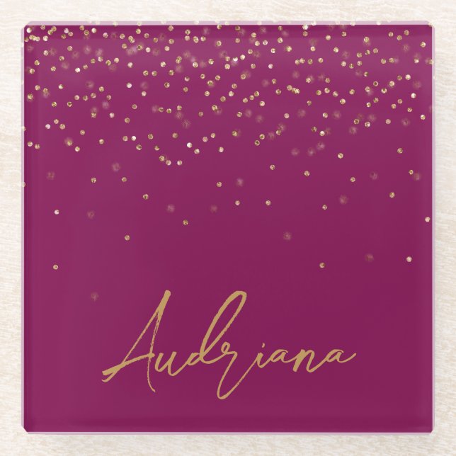 Pink Personalised Gold Name Glitter Sparkle Dots Glass Coaster (Front)