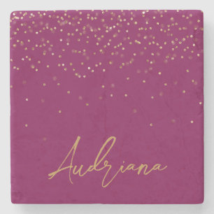 Pink Personalised Gold Name Glitter Sparkle Dots Stone Coaster