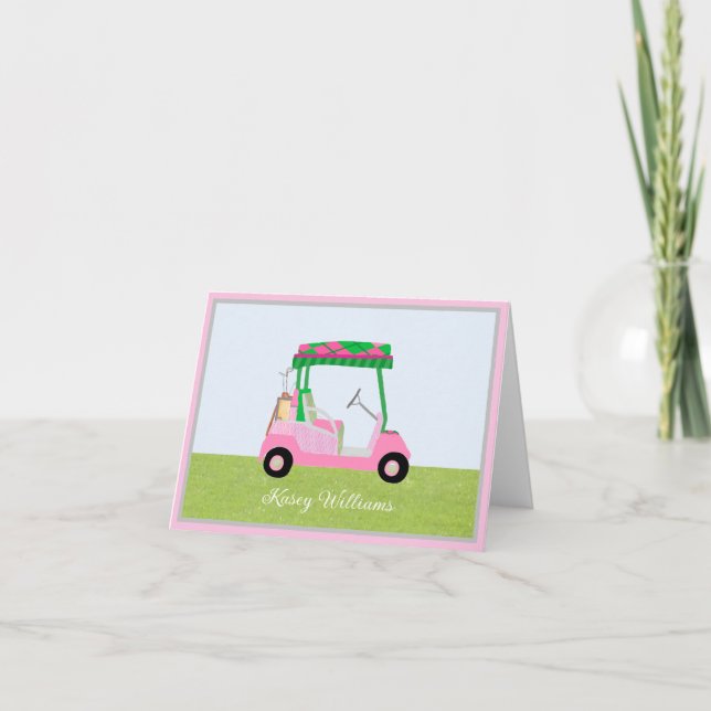 Pink Personalised Golf Cart Name Lined    Note Card (Front)