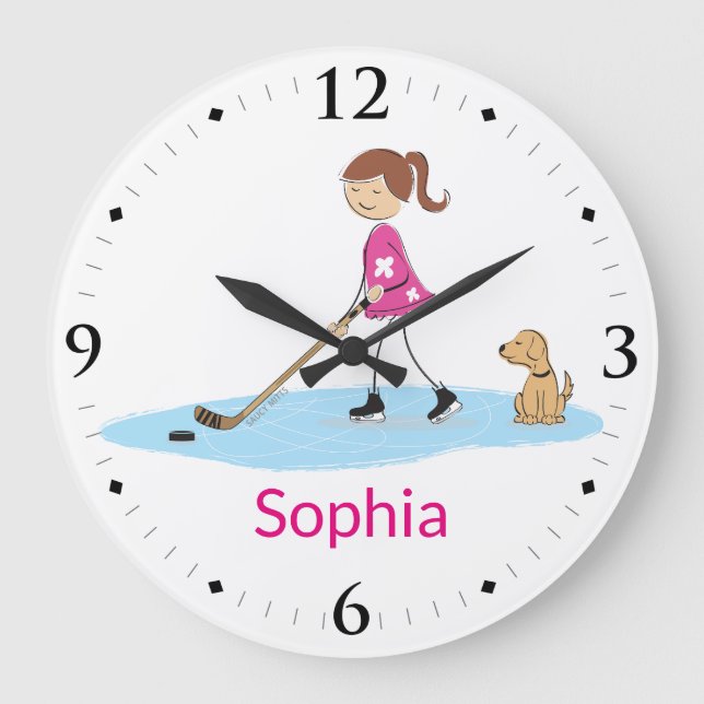 Pink Personalised Hockey Girl Cartoon Room Decor Large Clock (Front)