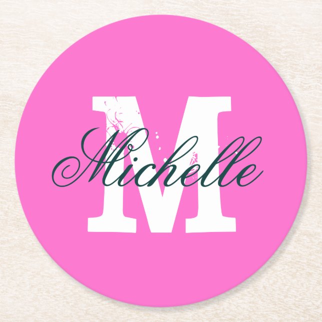 Pink personalised monogram round paper coasters (Front)