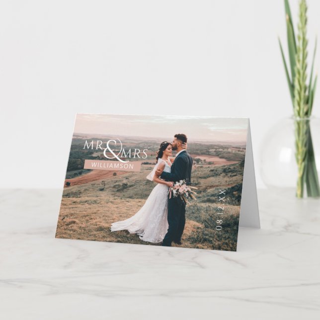 Pink Personalised Mr & Mrs Monogram Wedding Photo  Thank You Card (Front)