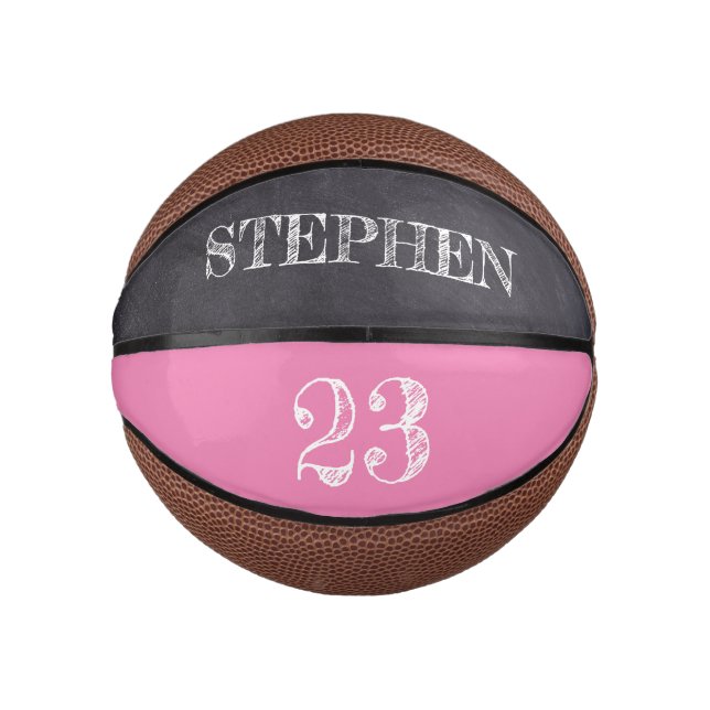 Pink Personalised Name Number Chalkboard etching Mini Basketball (Front)