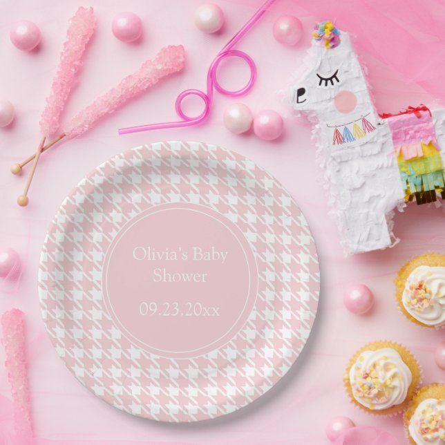 Pink Personalised Pastel Houndstooth  Paper Plate (Party)