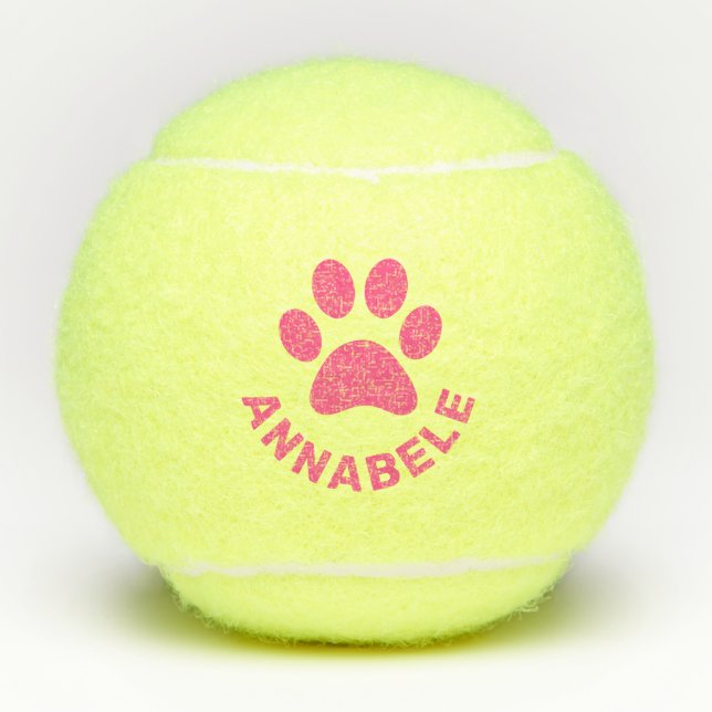 Pink Personalised Paw Print Pet Name Tennis Balls (Front)