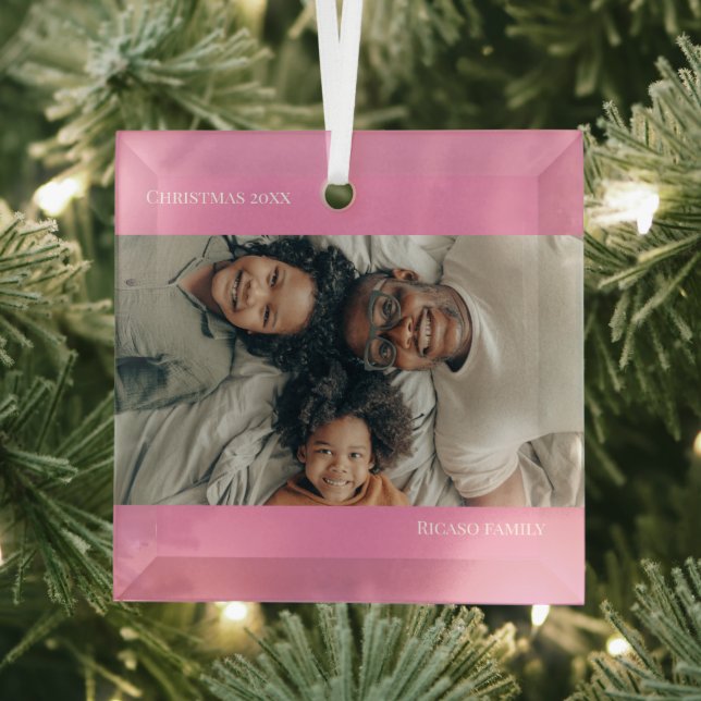 Pink Personalised Photo Christmas Glass Tree Decoration (Insitu)