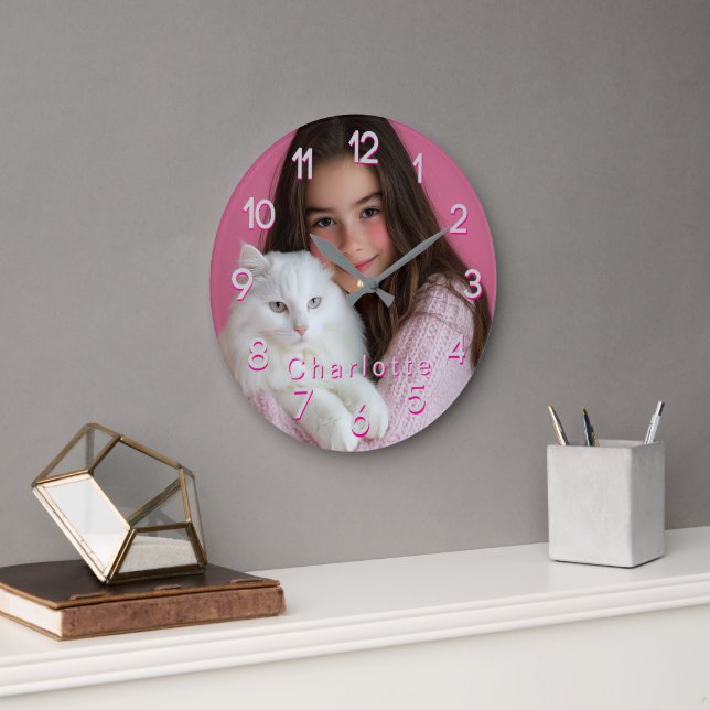 Pink Personalised Photo & Name  Large Clock (Office)