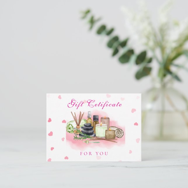 Pink Personalised photo Spa/Salon giftcertificate  Card (Standing Front)