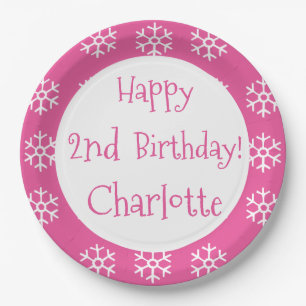 Pink Personalised Snowflake Winter Birthday Kids Paper Plate