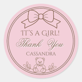Pink Personalised Teddy Bear Bow It’s a girl Classic Round Sticker