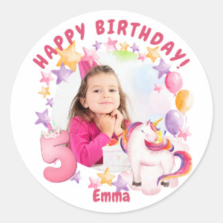 Pink Personalised Unicorn 5th Birthday Girl Classic Round Sticker