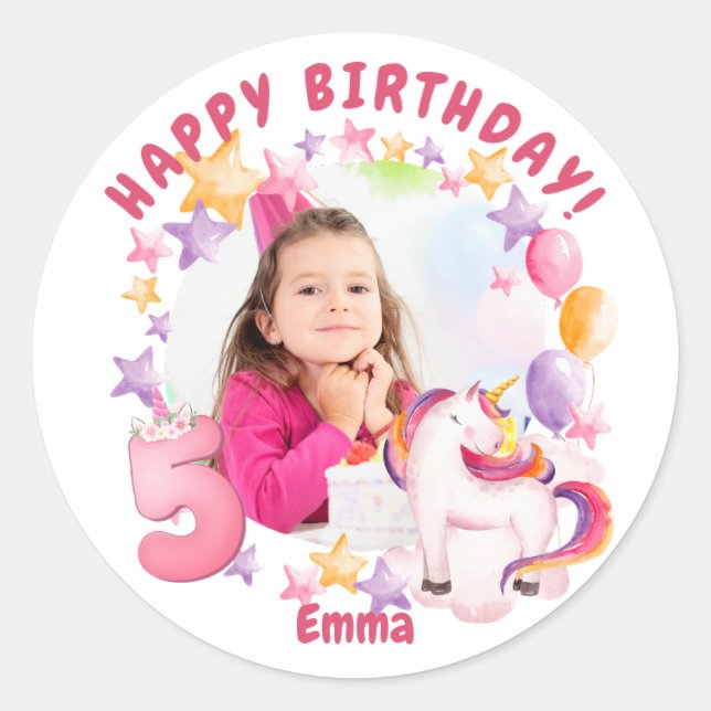 Pink Personalised Unicorn 5th Birthday Girl Classic Round Sticker (Front)