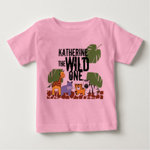 pink Personalised WILD ONE Safari First Birthday Baby T-Shirt