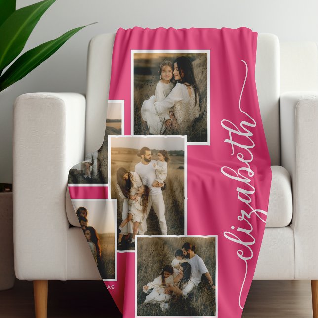Pink Personalised With Name 5 Photo Collage  Fleece Blanket (Creator Uploaded)