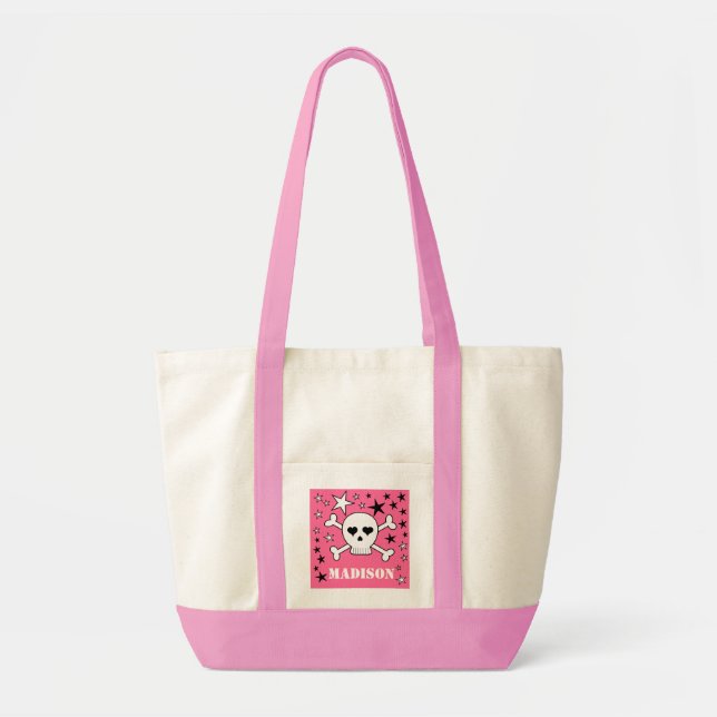 Pink Personalizable Cute Crossbone Skull and Stars Tote Bag (Front)