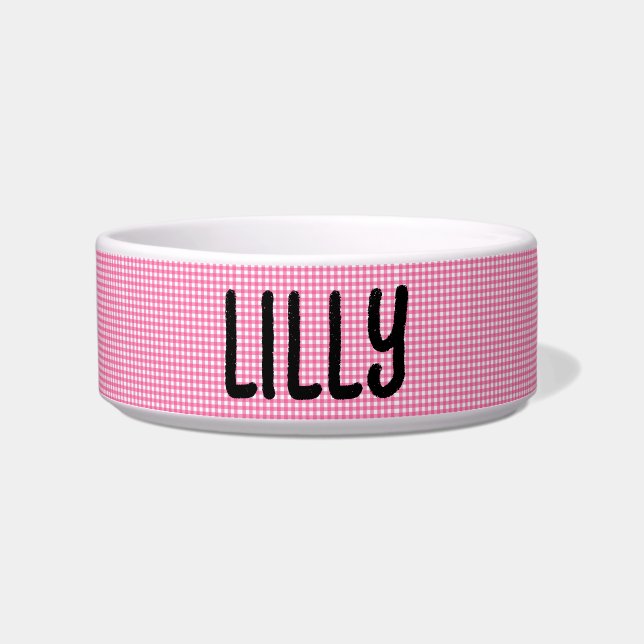 PINK PERSONALIZED GINGHAM PET CAT OR DOG BOWL (Front)