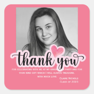 Pink Personalized Graduation Photo Thank You Square Sticker