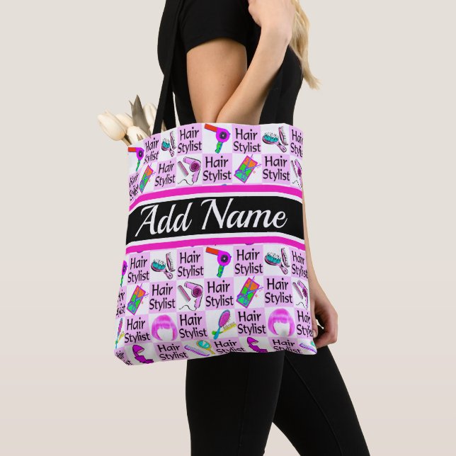 PINK PERSONALIZED HAIR STYLIST AND BEAUTICIAN TOTE BAG (Close Up)
