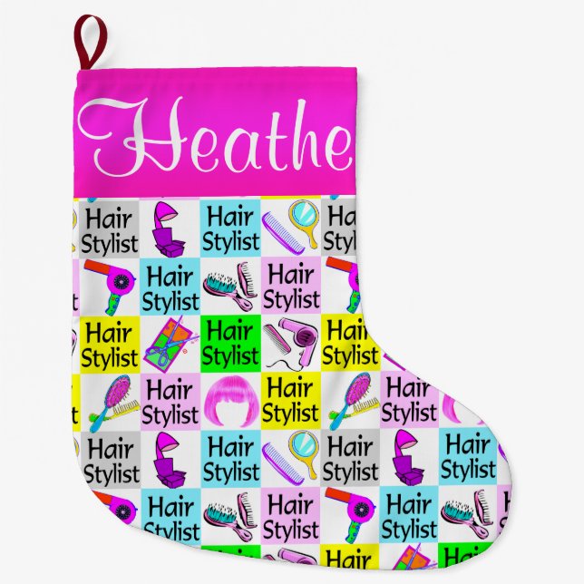 PINK PERSONALIZED HAIR STYLIST CHRISTMAS STOCKING (Front)