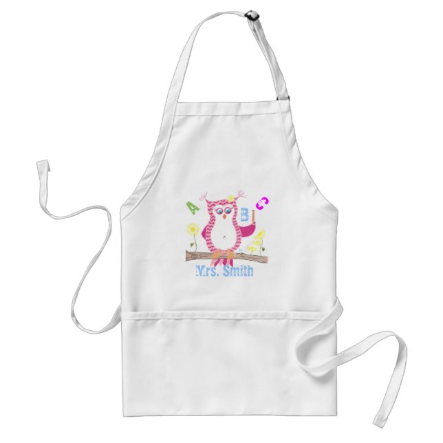 Pink personalized teacher owl apron . (Front)