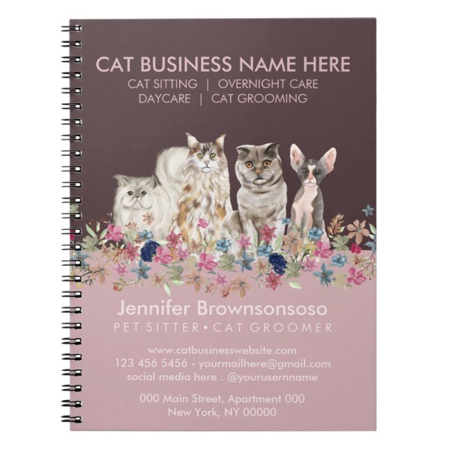 Pink Pet Cat Sitting Pet Vet Service Notebook (Front)