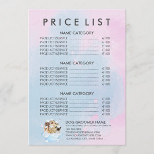 Pink Pet Groomer Sitting Dog Cat Spa Price List Menu