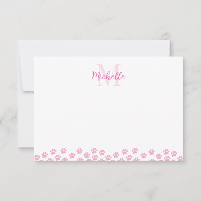 Pink Pet Paw Prints Custom Monogram Cute  Card (Front)