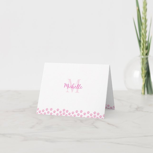 Pink Pet Paw Prints Custom Monogram Cute  Note Card (Front)