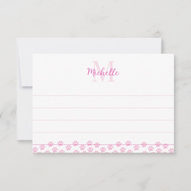 Pink Pet Paw Prints Editable Monogram Cute Lined Card (Front)