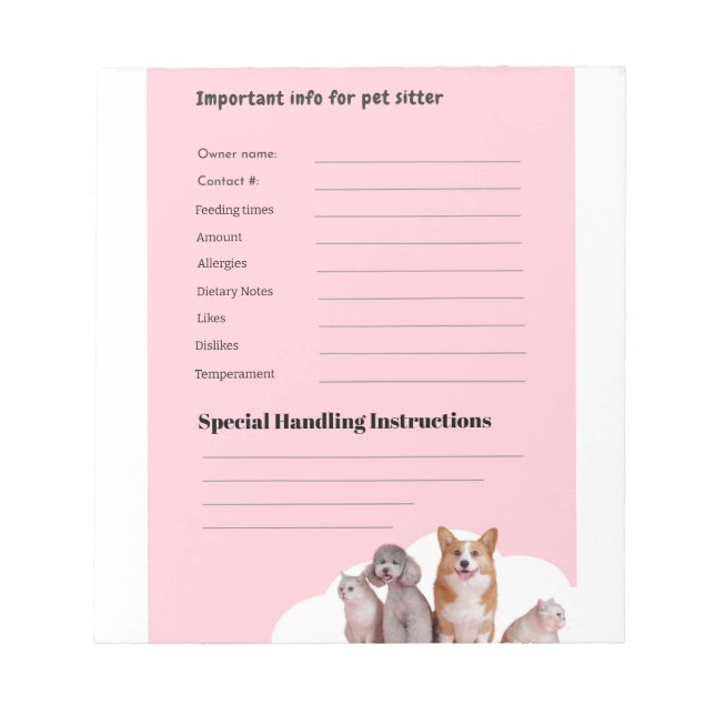 Pink Pet Sitter Intake Form Notepad (Front)